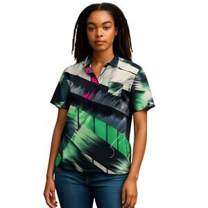 Jamie Sadock Black Green Pink Abstract 1/4 Zip Activewear Golf Tennis Shirt S
